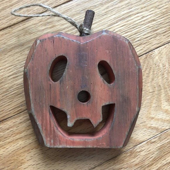 Vintage Rustic Carved Wooden Pumpkin Jack O Lantern Wall Hanging Halloween - Picture 5 of 8